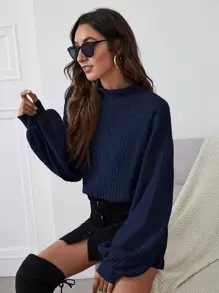 SHEIN Essnce 漏斗領燈籠袖羅紋針織上衣 - 藏蓝色 - 查看 1