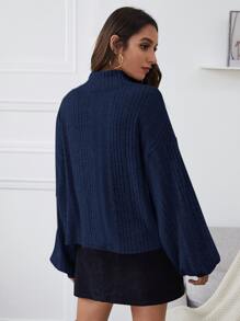SHEIN Essnce 漏斗領燈籠袖羅紋針織上衣 - 藏蓝色 - 查看 2