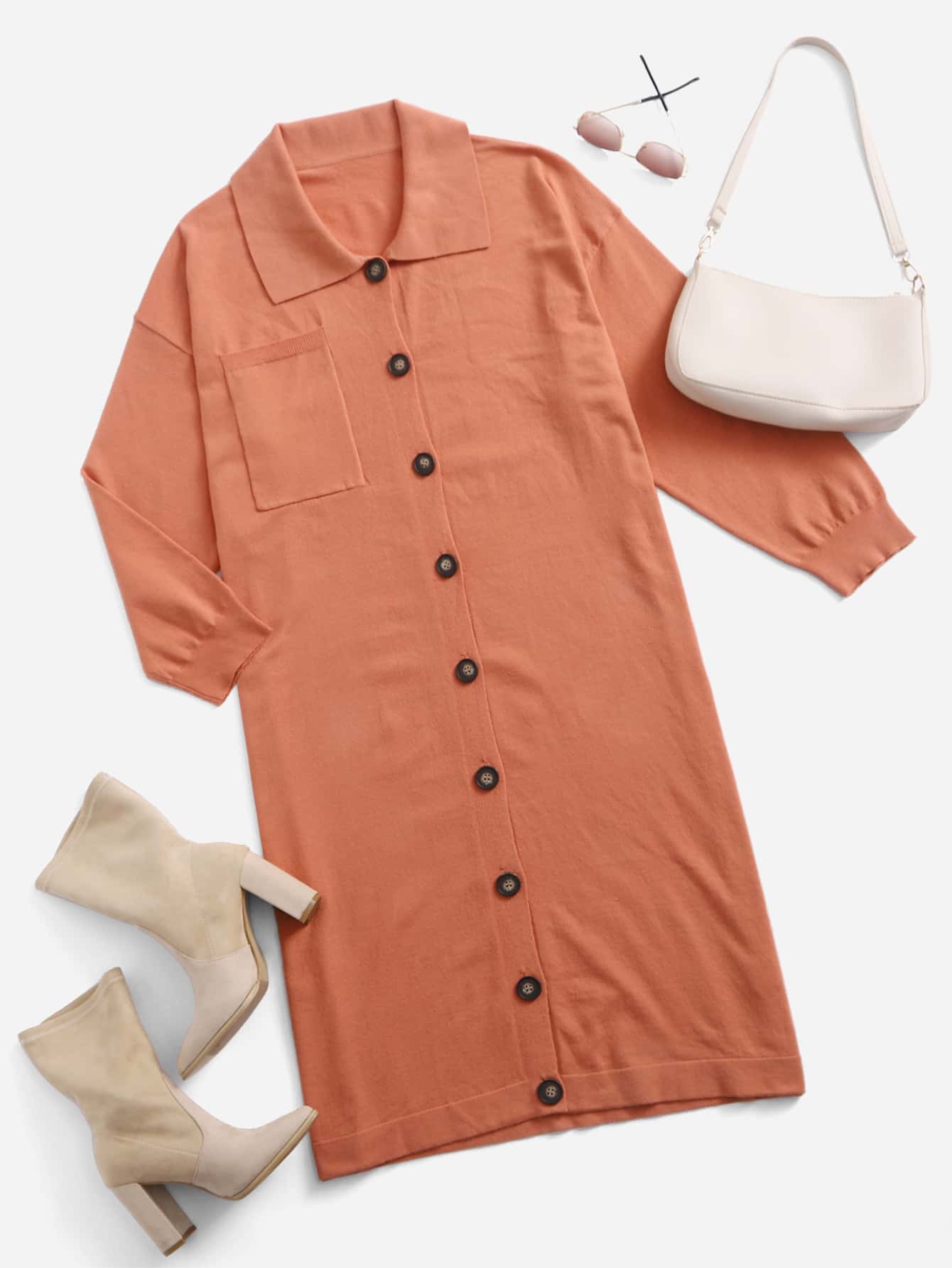 SHEIN Unity Plus Patched Pocket Drop Shoulder Longline Cardigan - Orange - View 1