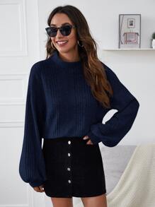 SHEIN Essnce 漏斗領燈籠袖羅紋針織上衣 - 藏蓝色 - 查看 4