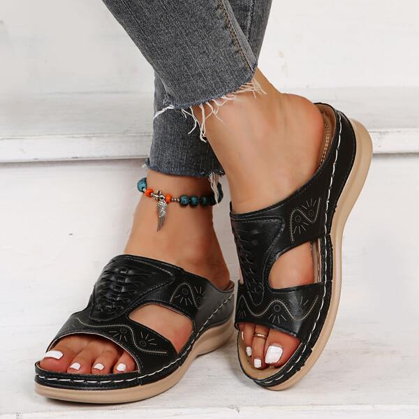 

Embroidery Detail Wedge Sandals, Black