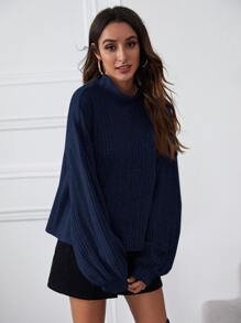 SHEIN Essnce 漏斗領燈籠袖羅紋針織上衣 - 藏蓝色 - 查看 5