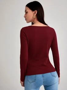 SHEIN BASICS 大圓領合適合身T恤 - 酒紅色 - 查看 2