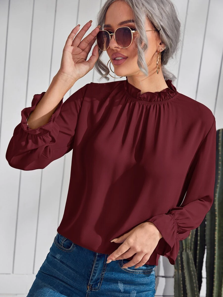 SHEIN Clasi Blusa ribete fruncido de manga campana - Burdeos - Ver 1