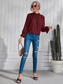 SHEIN Clasi Blusa ribete fruncido de manga campana - Burdeos - Ver 4