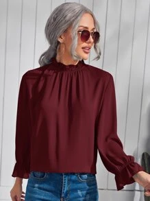 SHEIN Clasi Blusa ribete fruncido de manga campana - Burdeos - Ver 5