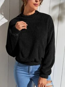 SHEIN LUNE Solid Drop Shoulder Teddy Pullover,Long Sleeve Tops In Fall/Winter - Black - View 1