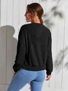 SHEIN LUNE Solid Drop Shoulder Teddy Pullover,Long Sleeve Tops In Fall/Winter - Black - View 2