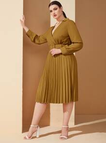 Plus 1pc Overlap Collar Blouson Sleeve Pleated Hem Belted Dress - Yellow - View 1