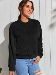 SHEIN LUNE Solid Drop Shoulder Teddy Pullover,Long Sleeve Tops In Fall/Winter - Black - View 5