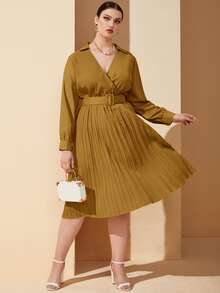 Plus 1pc Overlap Collar Blouson Sleeve Pleated Hem Belted Dress - Yellow - View 3