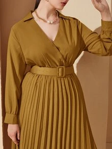 Plus 1pc Overlap Collar Blouson Sleeve Pleated Hem Belted Dress - Yellow - View 4