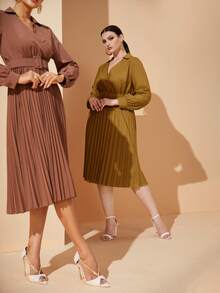 Plus 1pc Overlap Collar Blouson Sleeve Pleated Hem Belted Dress - Yellow - View 6