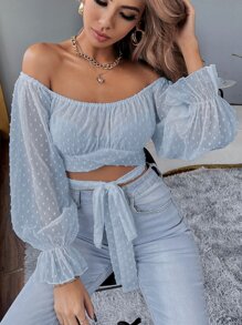 SHEIN Privé Áo nữ Xù Thắt nơ trước màu trơn Boho - Màu xanh bụi bặm - Xem 1