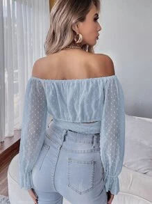 SHEIN Privé Áo nữ Xù Thắt nơ trước màu trơn Boho - Màu xanh bụi bặm - Xem 2