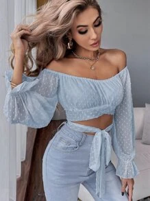 SHEIN Privé Áo nữ Xù Thắt nơ trước màu trơn Boho - Màu xanh bụi bặm - Xem 5