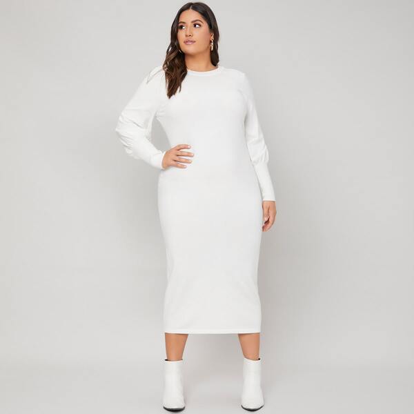 

Plus Solid Gigot Sleeve Sweater Dress, White
