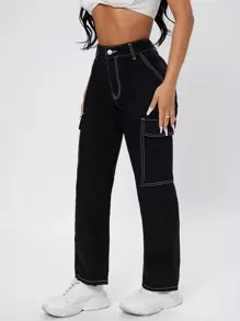 SHEIN PETITE High Waist Straight Leg Cargo Jeans - Black - View 1
