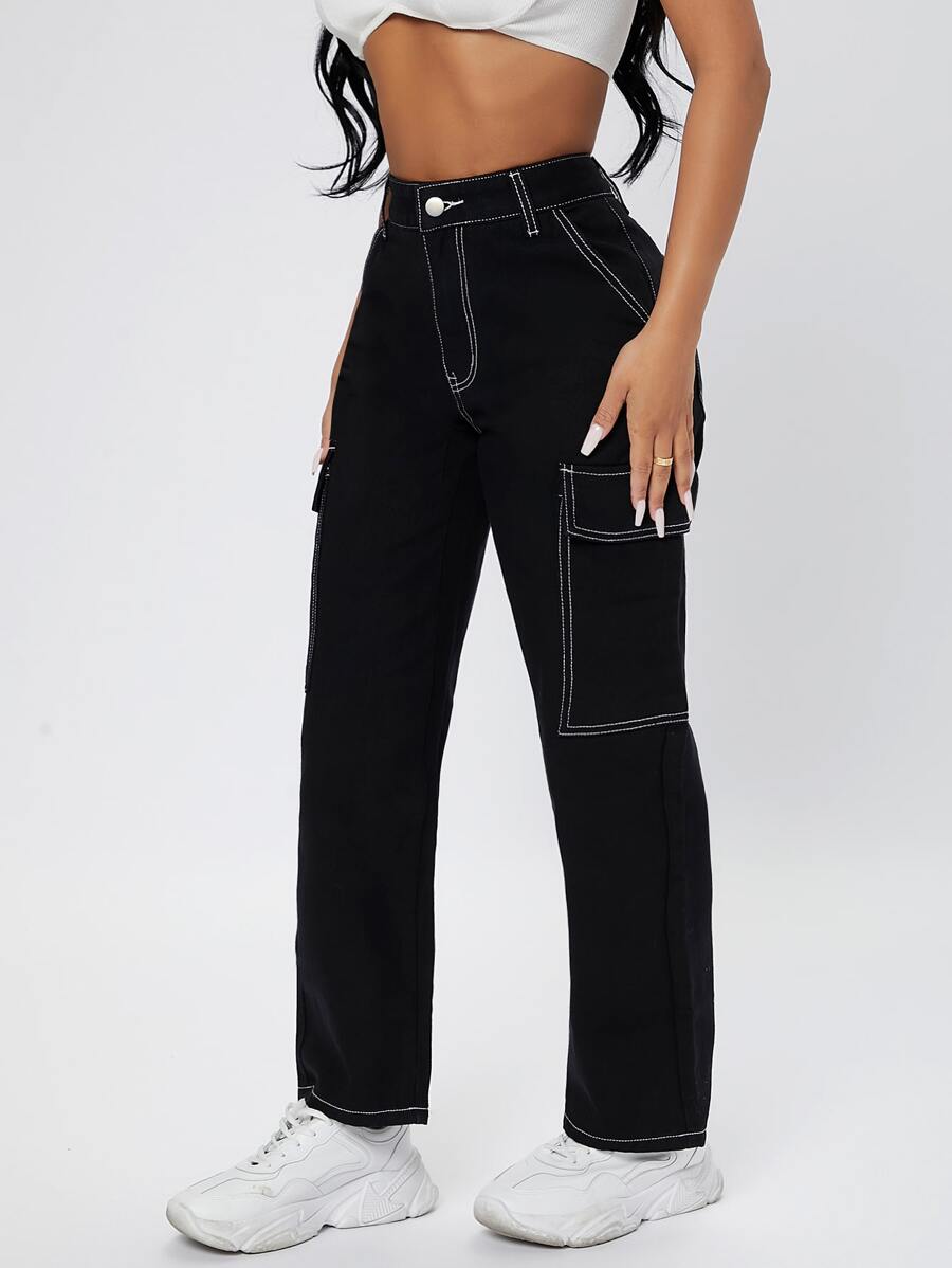 SHEIN PETITE High Waist Straight Leg Cargo Jeans - Black - View 1
