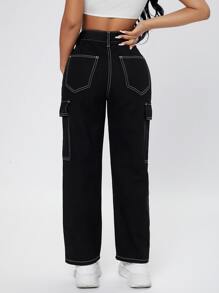 SHEIN PETITE High Waist Straight Leg Cargo Jeans - Black - View 2