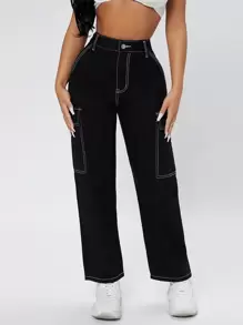 SHEIN PETITE High Waist Straight Leg Cargo Jeans - Black - View 3