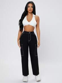SHEIN PETITE High Waist Straight Leg Cargo Jeans - Black - View 4