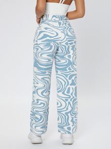 SHEIN PETITE 大理石紋圖案高腰直筒牛仔褲 - 藍白色 - 查看 2