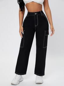 SHEIN PETITE High Waist Straight Leg Cargo Jeans - Black - View 5