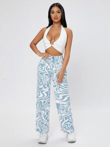 SHEIN PETITE 大理石紋圖案高腰直筒牛仔褲 - 藍白色 - 查看 3