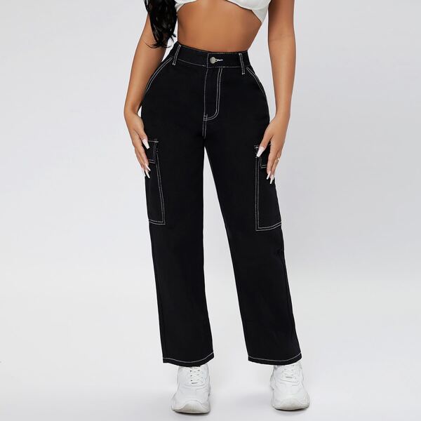 

High Waist Straight Leg Cargo Jeans, Black