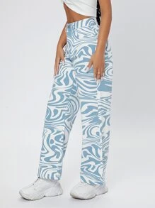 SHEIN PETITE 大理石紋圖案高腰直筒牛仔褲 - 藍白色 - 查看 5