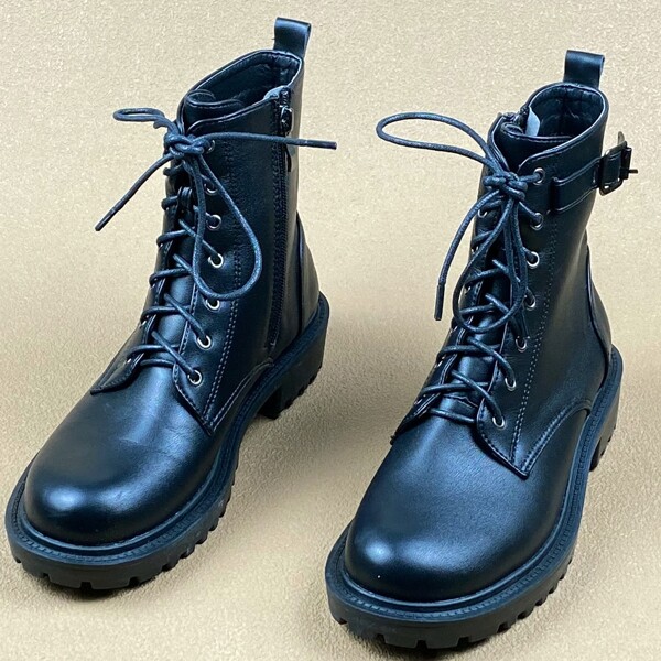 

Buckle Decor Lace-up Front Combat Boots, Black