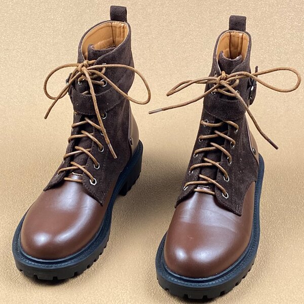 

Buckle Decor Lace-up Front Combat Boots, Brown