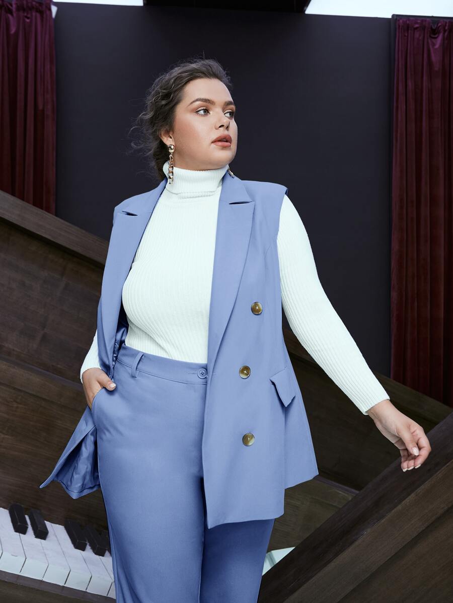 SHEIN Plus Lapel Neck Double Breasted Flap Detail Vest Blazer - Blue - View 1