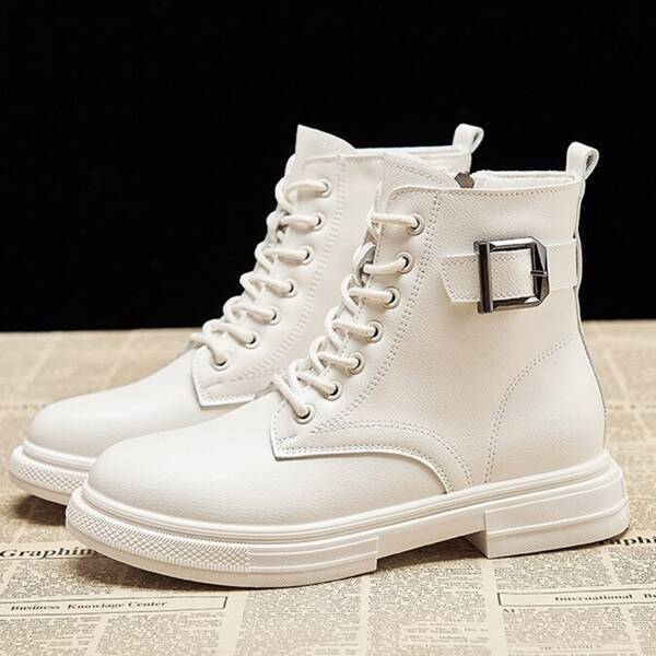 

Minimalist Buckle Decor Side Zipper Combat Boots, White
