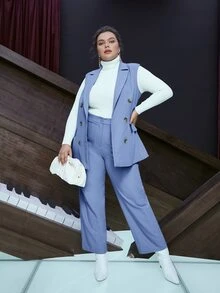 SHEIN Plus Lapel Neck Double Breasted Flap Detail Vest Blazer - Blue - View 3