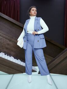 SHEIN Plus Lapel Neck Double Breasted Flap Detail Vest Blazer - Blue - View 4