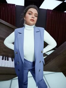 SHEIN Plus Lapel Neck Double Breasted Flap Detail Vest Blazer - Blue - View 6