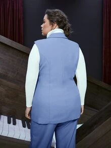 SHEIN Plus Lapel Neck Double Breasted Flap Detail Vest Blazer - Blue - View 7