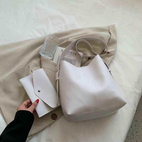 

Minimalist Bucket Bag With Clutch, White