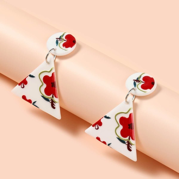 

Flower Pattern Geometric Drop Earrings, Red and white
