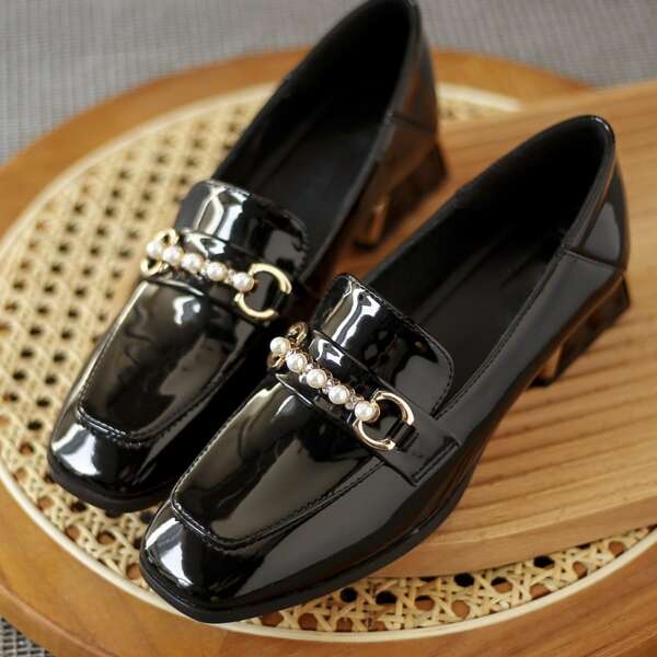 

Faux Pearl Decor Chunky Heeled Loafers, Black