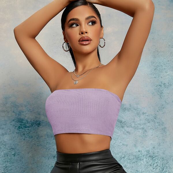 

Solid Rib-knit Tube Top, Mauve purple