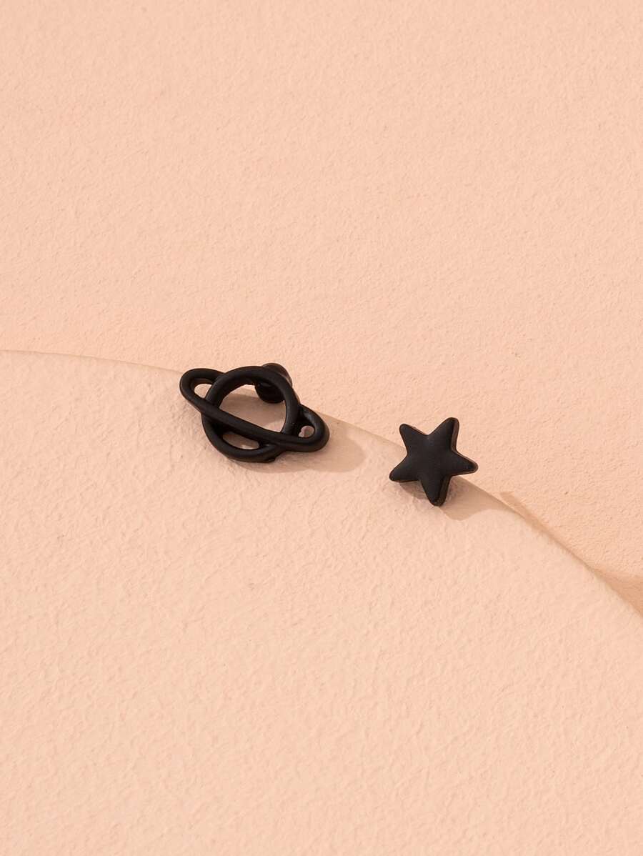 Planet & Star Mismatched Earrings - Black - View 1