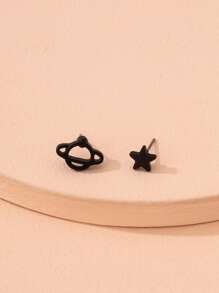 Planet & Star Mismatched Earrings - Black - View 3