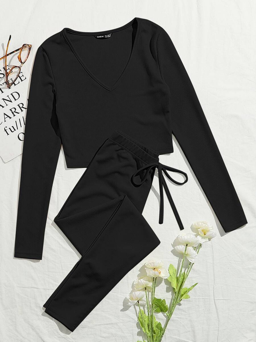 SHEIN EZwear V-neck Rib-knit Solid Tee and Knotted Waist Leggings Set - Black - View 1