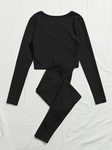 SHEIN EZwear V-neck Rib-knit Solid Tee and Knotted Waist Leggings Set - Black - View 2