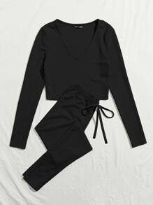 SHEIN EZwear V-neck Rib-knit Solid Tee and Knotted Waist Leggings Set - Black - View 3