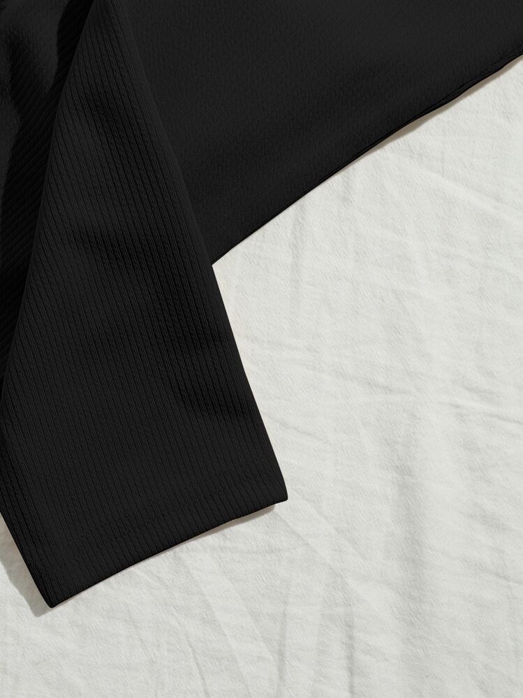 SHEIN EZwear v領羅紋針織素色T恤和結飾腰緊身褲套裝 - 黑色 - 查看 4