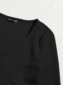 SHEIN EZwear V-neck Rib-knit Solid Tee and Knotted Waist Leggings Set - Black - View 5